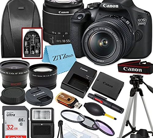 Canon EOS 2000D / Rebel T7 DSLR Camera with EF-S 18-55mm Zoom Lens + SanDisk 32GB Memory Card + Tripod + Case + Wideangle Lenses + ZeeTech Accessory Bundle (20pc Bundle)