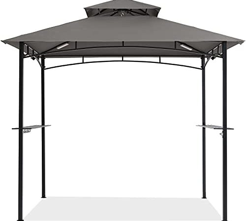 COOSHADE 8'x 5' Grill Gazebo Double Tiered Outdoor BBQ Gazebo Canopy with LED Light (Gray)