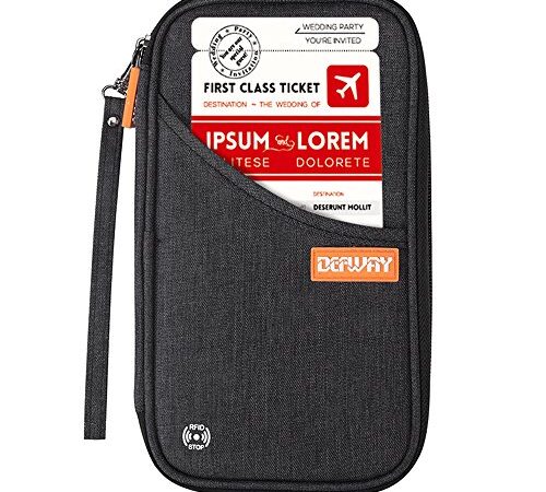 DEFWAY Family Passport Holder Waterproof RFID Blocking Credit Card Organizer Travel Document Bag Ticket Wallet with Strap for Men Women, Travel Essentials for Flying (Black)