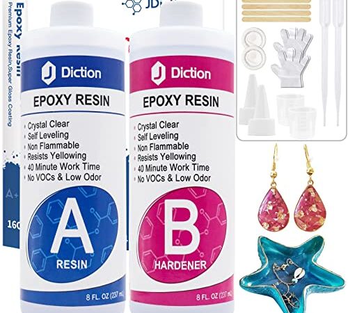 Epoxy Resin - 16 oz - Crystal Clear Resin Kit - Non-Toxic Casting Resin for Art, Jewelry, Crafts, with Bonus Sticks, Graduated Cups and Gloves