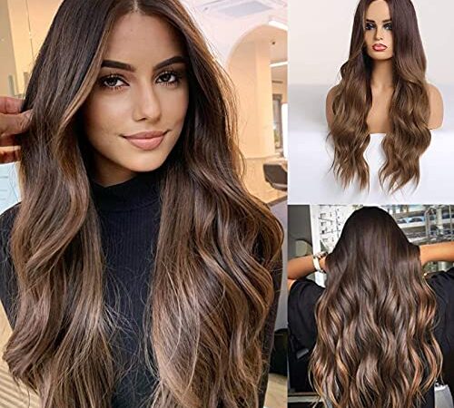 HAIRCUBE Long Hair Wigs for Women Ombre Brown Synthetic Curly Hair Wig Middle Parting