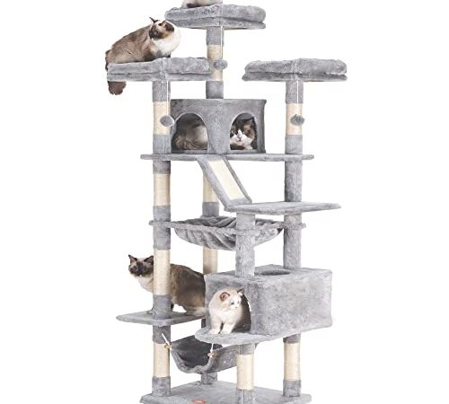 Heybly Cat Tree 73 inches XXL Large Cat Tower for Indoor Cats ,Multi-Level Cat Furniture Condo for Large Cats with Padded Plush Perch, Cozy Basket and Scratching Posts Light Gray HCT030W