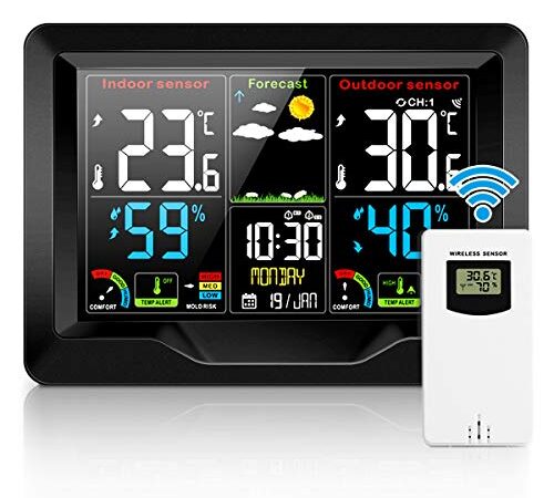 Jhua Weather Stations Wireless Indoor Outdoor Thermometer and Humidity Monitor, LCD Color Display Digital Weather Forecast Station with Calendar Dual Alarm Color Adjustable Backlight for Home, Office
