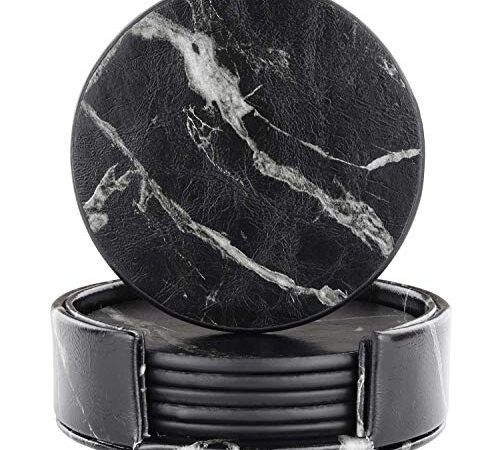 Leather Coasters with Holder Set of 6,Black Marble Coasters for Drinks,Funny Housewarming Gift,Round Cup Mat Pad for Home and Kitchen
