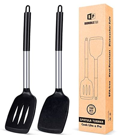 Pack of 2 Silicone Slotted Spatula,Non Stick Solid Kitchen Turner, High Heat Resistant BPA Free Cooking Utensils for Fish, Eggs, Pancakes (Black)