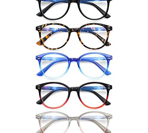 Reading Glasses Blue Light Blocking 5 Pack Spring Hinge Fashion Readers for Men and Women Anti Glare Filter Eyeglasses (1-5 MIX, 1.75, diopters)