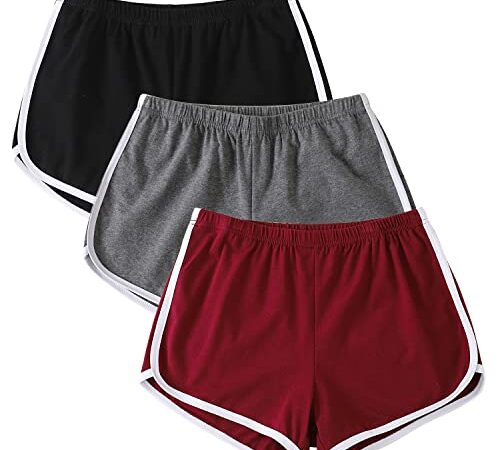 Tanseefly 3 Pack Cotton Yoga Short Pants Summer Running Athletic Shorts Women Dance Gym Workout Elastic Waist Shorts,BGR,L
