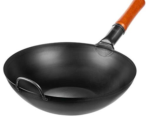 YOSUKATA Carbon Steel Wok Pan - 13,5 “ Woks and Stir Fry Pans - Chinese Wok with Flat Bottom Wok - Traditional Chinese Japanese Woks - Black Steel Wok