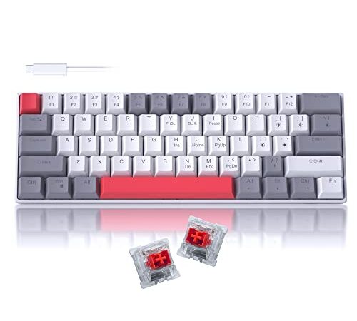 60% Mechanical Gaming Keyboard,Grey&White Gaming Keyboard with Hot Swappable Linear Red Switches,Wired Detachable Type-C Cable Mini Keyboard with Powder Blue Backlight for Windows/Mac/PC/Laptop