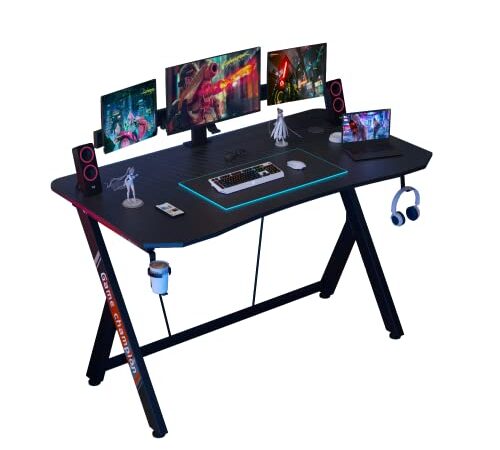 CAIYUN 47" Large Gaming Desk, Gamer Computer Desk with Headphone Hook and Cup Holder, Home Office PC Workstation with Cable Management Holes, Black