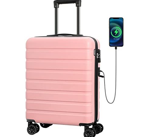 Carry on Luggage AnyZip PC ABS Hardside Luggage with 4 Universal Wheels TSA Lock Suitcase 20 Inch USB (Pink)