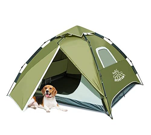 DEERFAMY 1 2 3 4 Person Easy Camping Tent Waterproof Windproof Double Layer Removable Automatic Setup Quick Instant Tent Camp Family Tent for Outdoor Backyard for Adults Novice Green