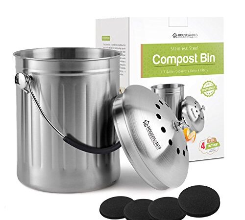 Leak Proof Stainless Steel Compost Bin 1.3 Gallon – Includes 4 Extra Free Filters