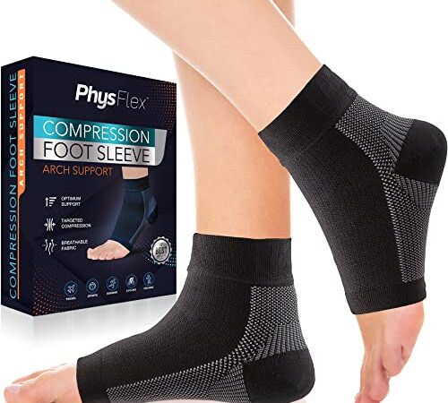 PhysFlex Compression Socks for Plantar Fasciitis, Achilles Tendonitis Relief - Ankle Compression Sleeve for Heel Spurs, Foot Swelling, Fatigue & Sprain - Arch Support Brace for Work, Gym, Sports