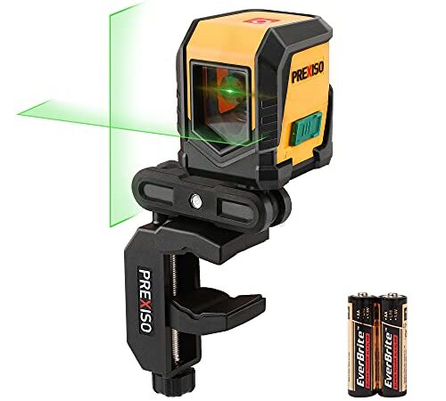 PREXISO Cross Line Laser Level, Self Leveling 65FT/20M Green Beam Laser with Rotatable Mount Clamp, LED Indicator for Hanging Pictures, Home Renovation, Floor Tile, Construction