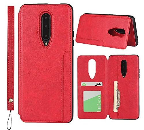 SunYoo for OnePlus 7 Pro Case,Leather Stand Cover Card Slots Back Case with Magnetic Closure & Strap Compartment for OnePlus 7 Pro(6.67 inch)-Red